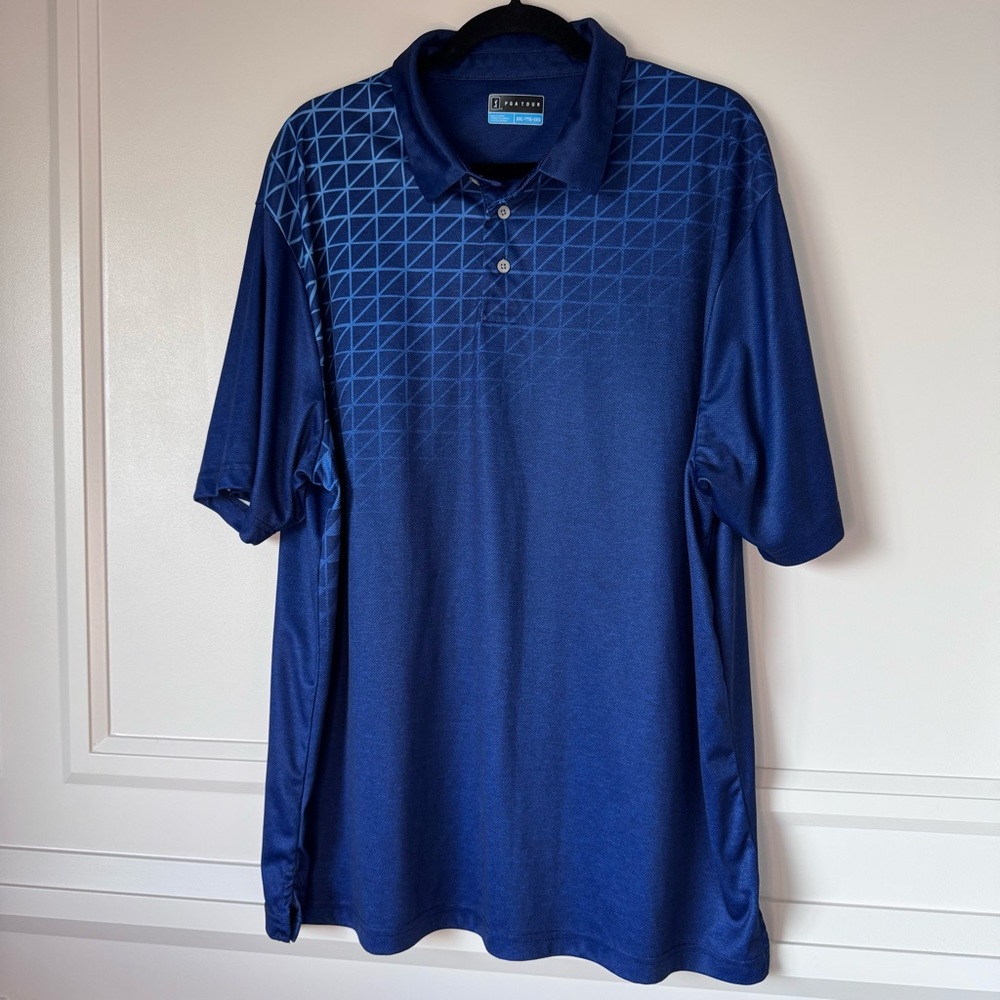 PGA Tour Polo Golf Shirt Men's Size XXL Navy Light Blue Casual Geometric Pattern